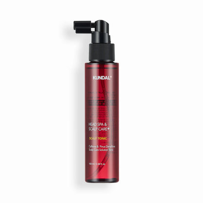 Red bottle of Kundal scalp care solution on a white background