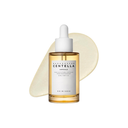 Skincare bottle with dropper labeled 'Madagascar Centella' on a white background