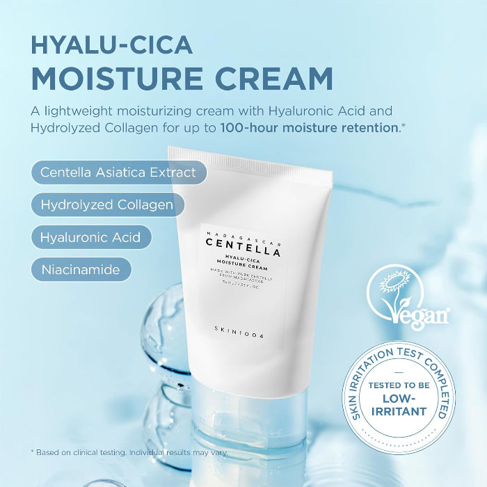 Hyalu-Cica Moisture Cream packaging with product details on a light blue background