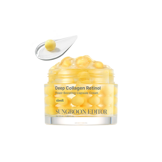 Sungboon Editor Deep Collagen Retinol Liver Boosting Capsule Cream in a clear jar filled with yellow gelatin capsules, shown on a white background with a spoon holding one capsule above the jar.