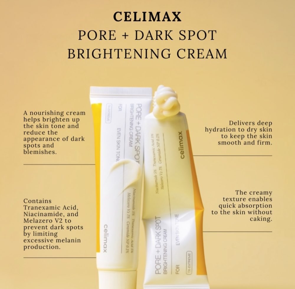Celimax Pore + Dark Spot Brightening Cream packaging on a beige background with product details.