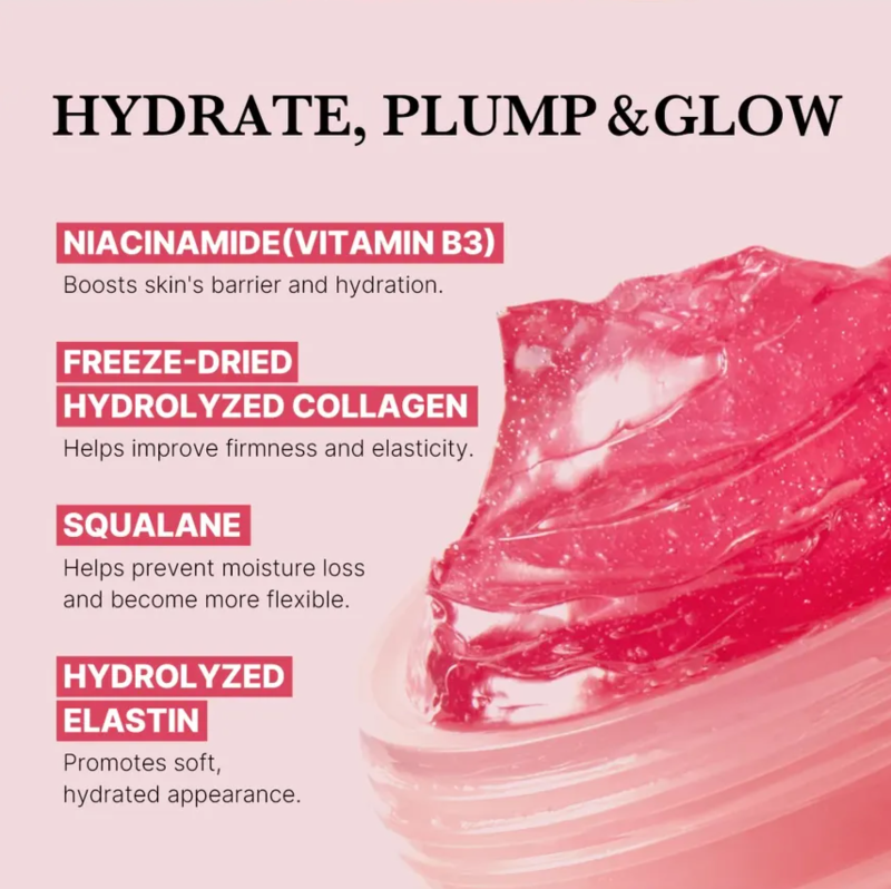Cosmetic product with text highlighting ingredients like niacinamide, freeze-dried hydrolyzed collagen, squalane, and hydrolyzed elastin on a pink background.