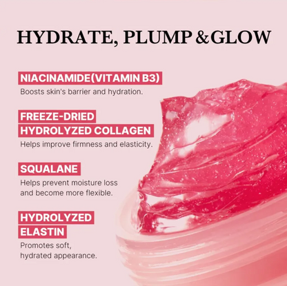 Cosmetic product with text highlighting ingredients like niacinamide, freeze-dried hydrolyzed collagen, squalane, and hydrolyzed elastin on a pink background.