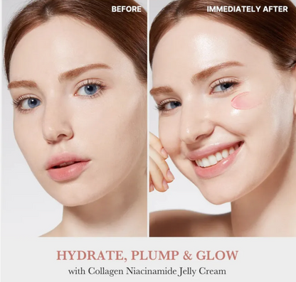Before and after comparison of a woman's face with Collagen Niacinamide Jelly Cream application.