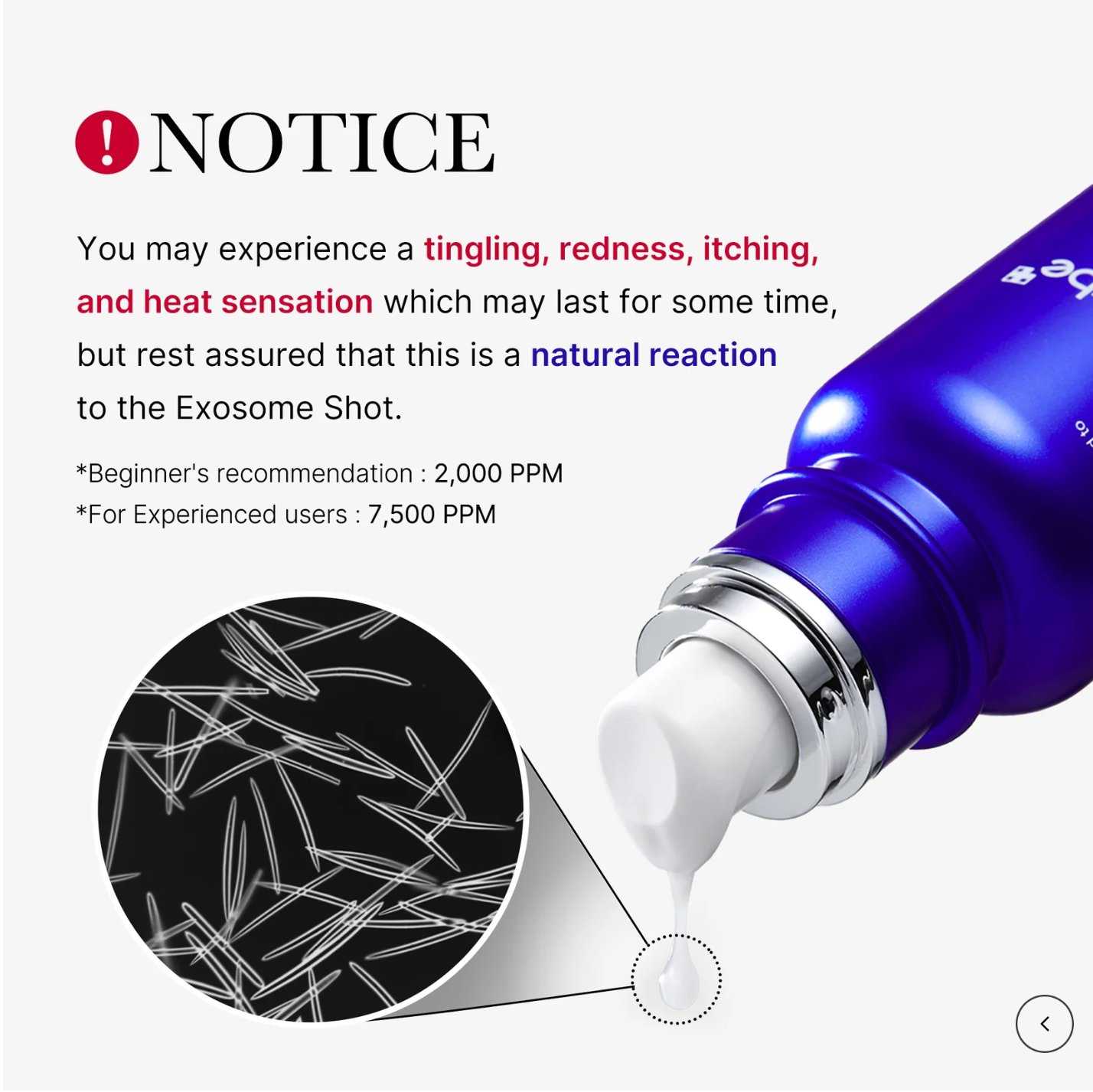 Exosome shot packaging with notice text and close-up of exosomes.