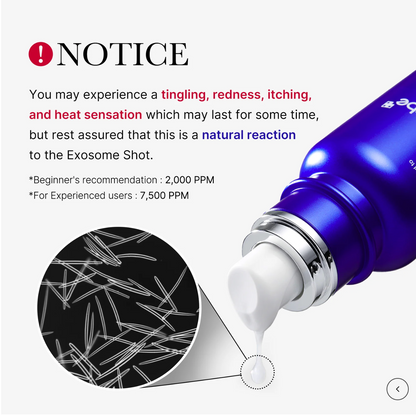Exosome shot packaging with notice text and close-up of exosomes.