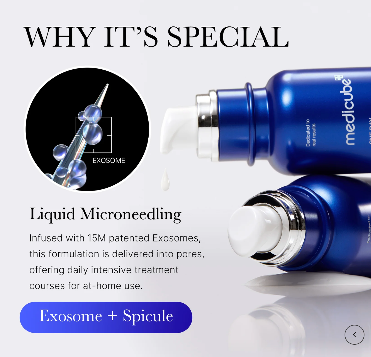 Blue skincare product with text explaining 'Liquid Microneedling' and 'Exosome + Spicule' technology.