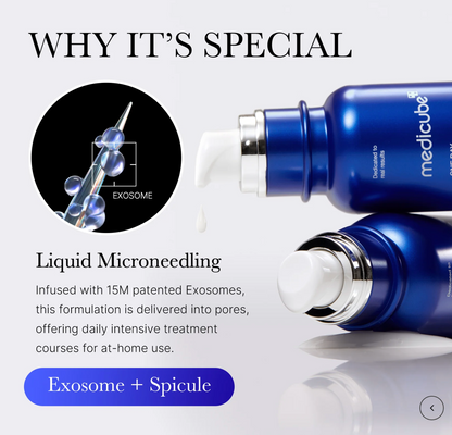 Blue skincare product with text explaining 'Liquid Microneedling' and 'Exosome + Spicule' technology.