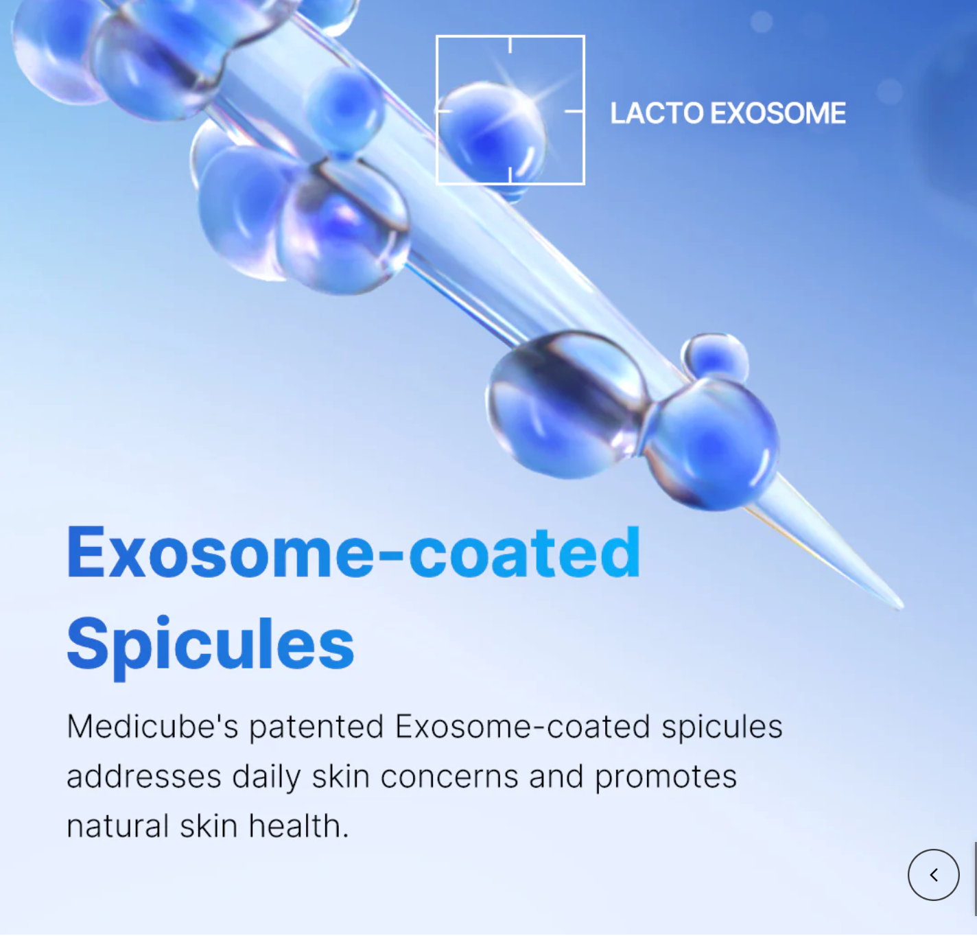 Exosome-coated spicules with a blue background and text about Medicube's patented product.
