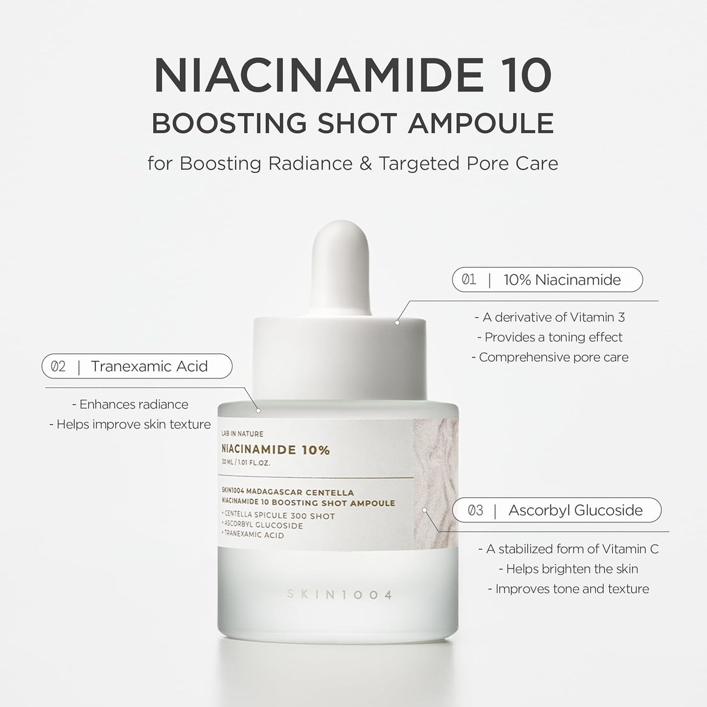  Madagascar Centella Niacinamide 10 boosting shot ampoule with product details on a white background