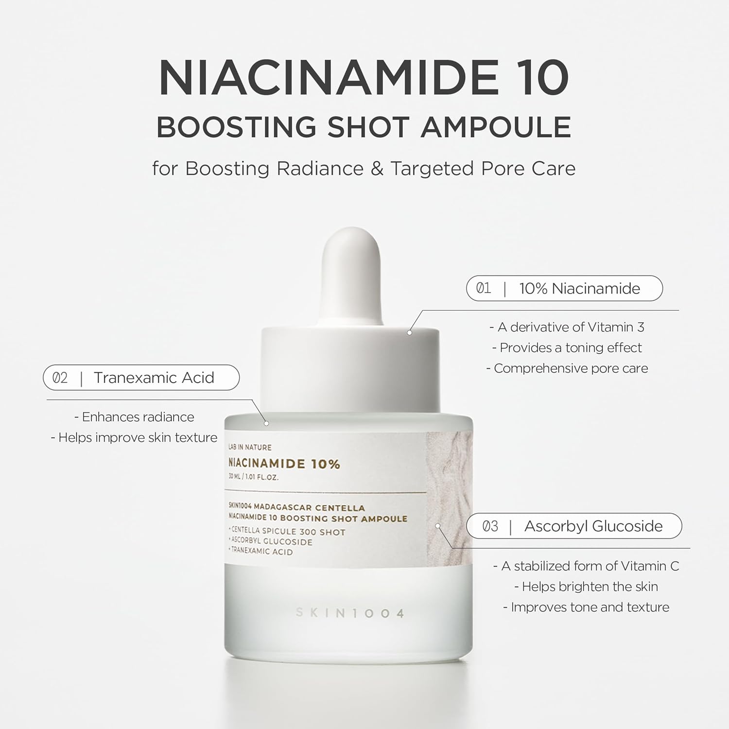  Madagascar Centella Niacinamide 10 boosting shot ampoule with product details on a white background