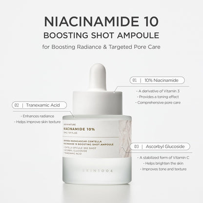  Madagascar Centella Niacinamide 10 boosting shot ampoule with product details on a white background