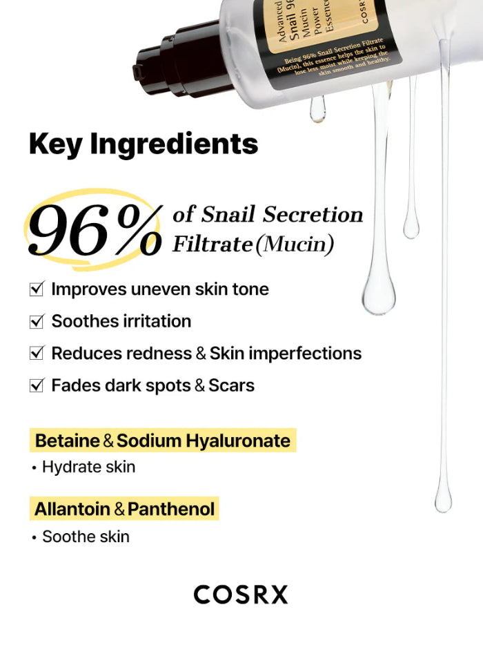 Cosrx skincare product with key ingredients listed on a white background