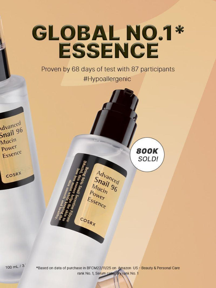 Cosrx Advanced Snail 96 Mucin Power Essence bottles with promotional text on a beige background
