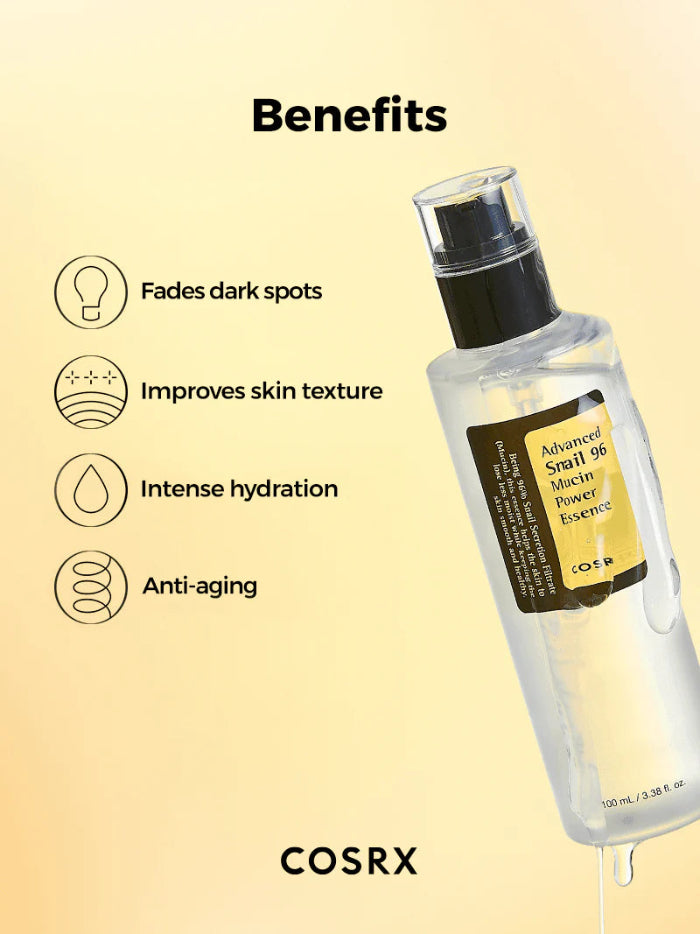 Cosrx skincare product with benefits listed on a beige background