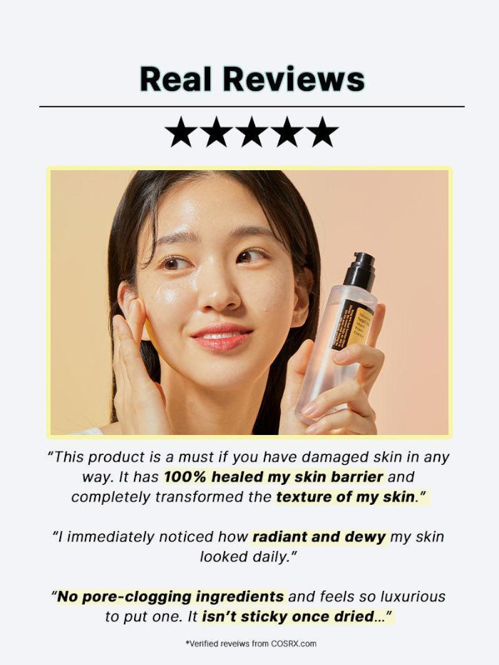 Woman holding a skincare product with five-star rating and customer reviews on a light background