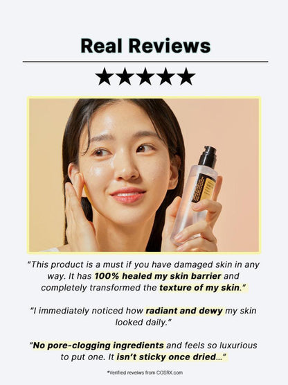 Woman holding a skincare product with five-star rating and customer reviews on a light background