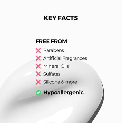 COSRX product with key facts about being free from parabens, artificial fragrances, mineral oils, sulfates, and silicone, and hypoallergenic.