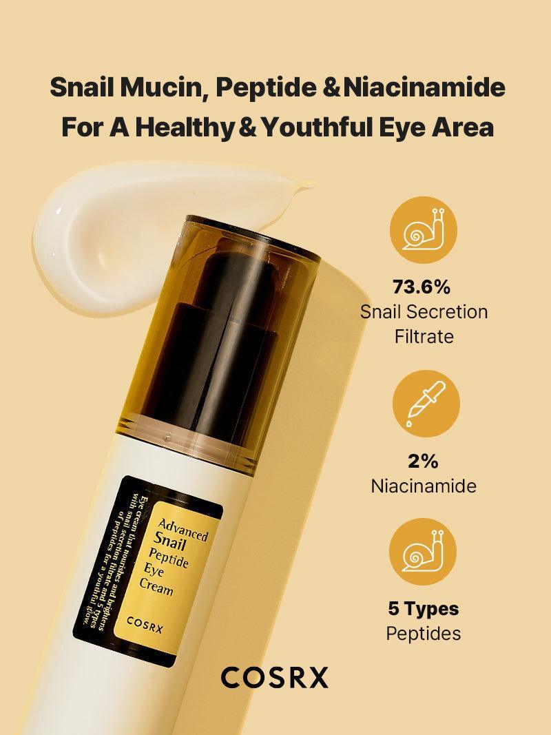 COSRX eye cream bottle with ingredients and benefits on a beige background