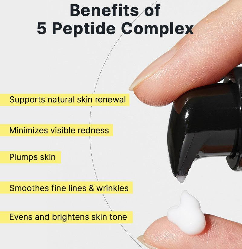 Benefits of a 5 Peptide Complex with a close-up of a hand holding a dropper and applying a white substance.