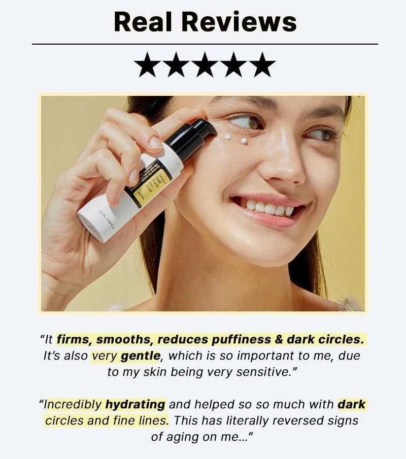 Person applying skincare product with text about product benefits on a white background
