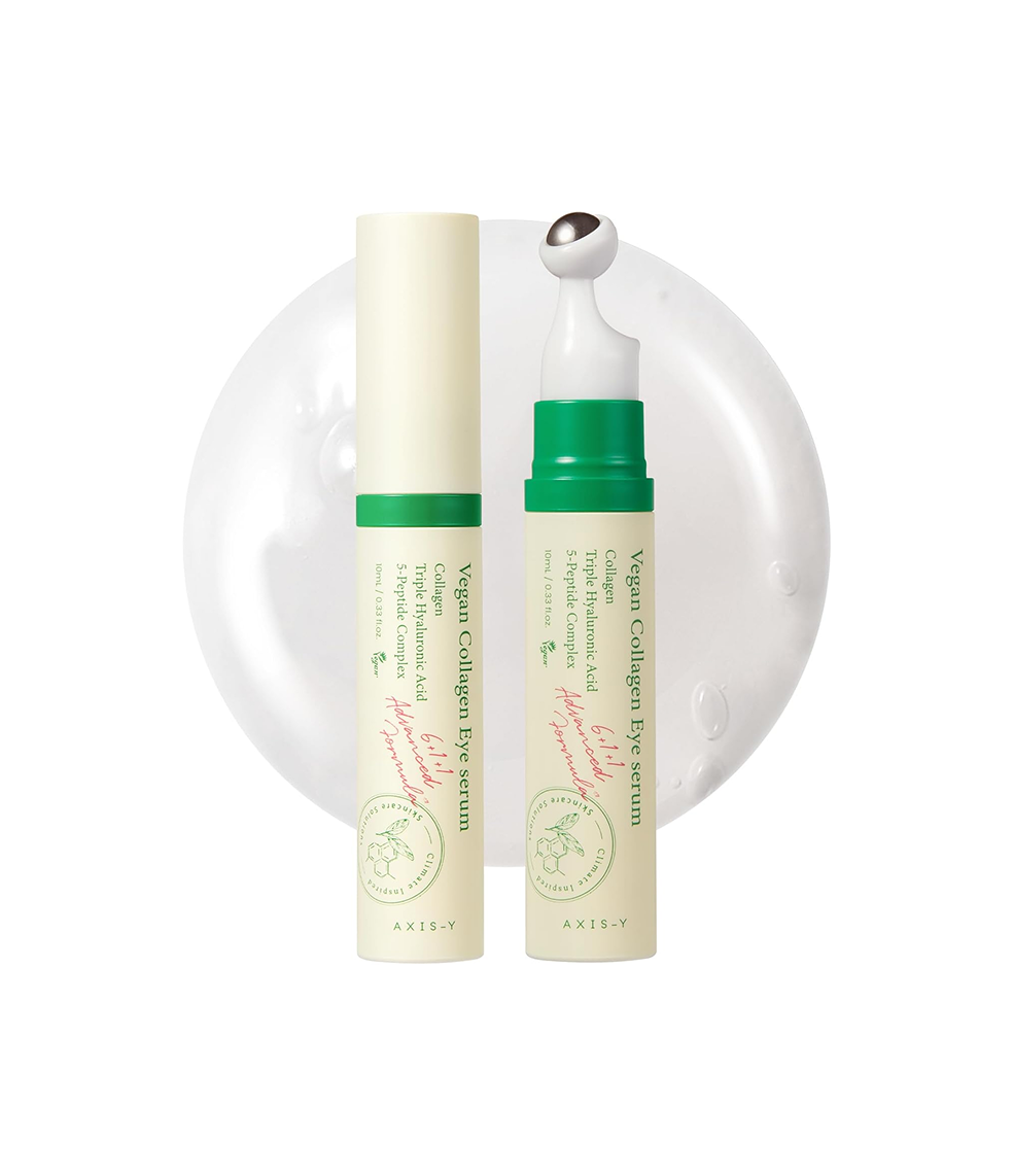 Two eye serums with green caps on a white background