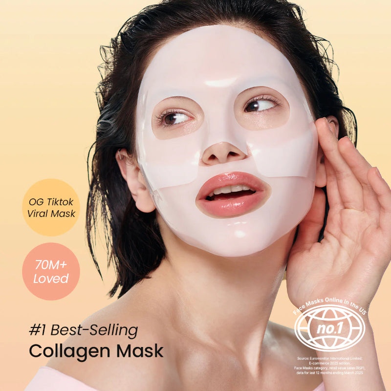 Woman wearing a collagen mask with branding and product details on a beige background
