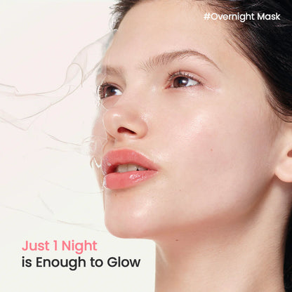 Close-up of a woman's face with text promoting an overnight mask for glowing skin.