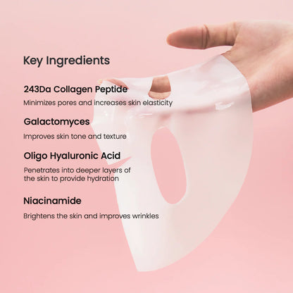 Skin care mask with key ingredients listed on a pink background