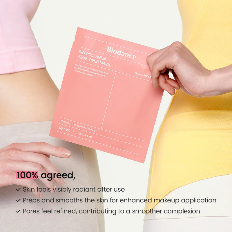 Person holding a Biodance sheet mask with product details and benefits displayed.