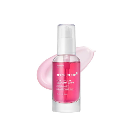 Medicube pink serum bottle with a white cap on a white background