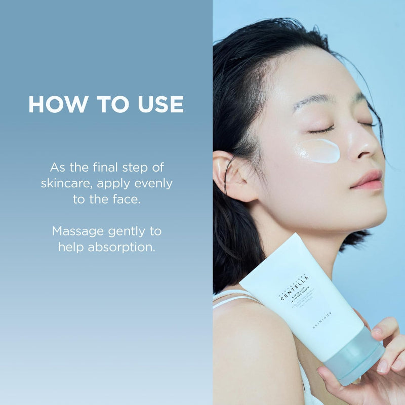 Woman applying skincare product with text on how to use it